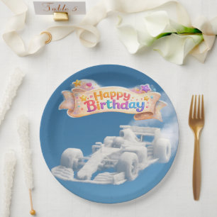 Prato De Papel Feliz aniversário carro de corrida nuvem 22.9 cm p