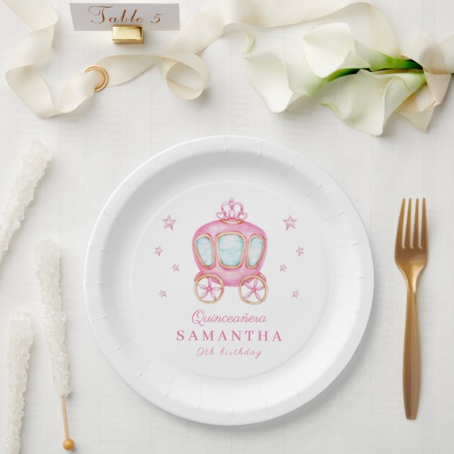 Prato De Papel Feliz aniversário, carruagem da princesa (Casamento)
