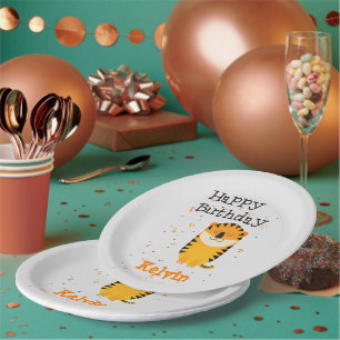 Prato De Papel Feliz aniversário, cinza personalizada de tigre fo
