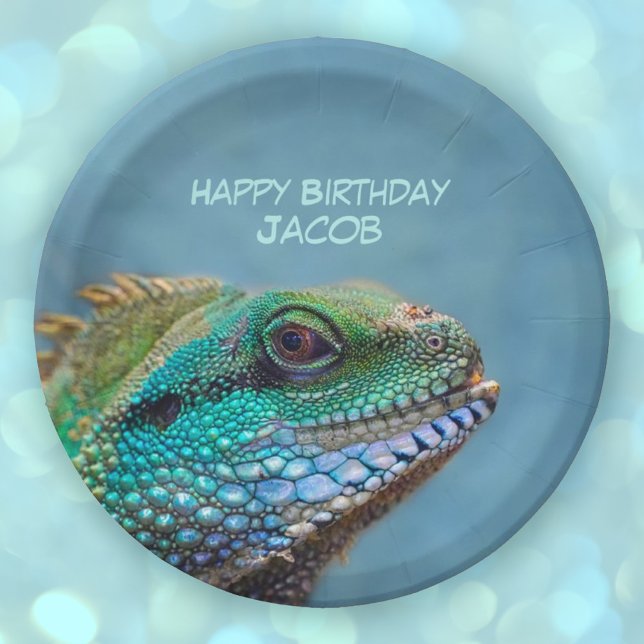 Prato De Papel Feliz Aniversário Colorida Iguana (Happy Birthday Colorful Iguana Personalized Paper Plates)