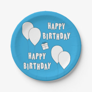 Prato De Papel Feliz Aniversário Com Balões De Fundo Azul