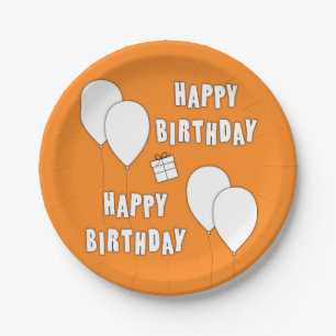 Prato De Papel Feliz Aniversário Com Balões De Fundo Laranja