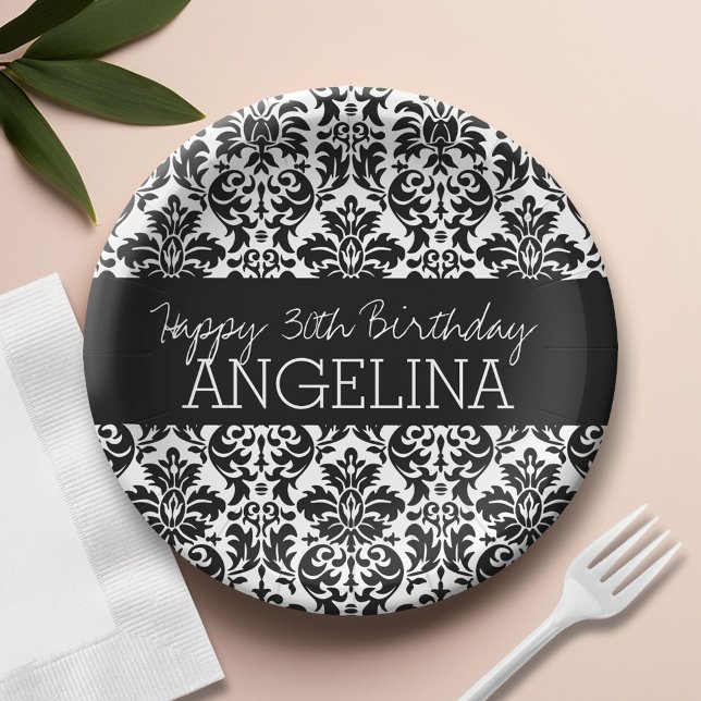 Prato De Papel Feliz aniversário com Trendy Black e White Damask (Custom Paper Plate)
