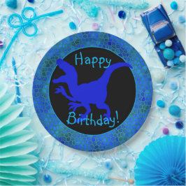 Prato De Papel Feliz aniversário Couro de Dinossauro Azul!