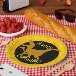 Prato De Papel Feliz aniversário Couro de Dinossauro Dourado!
