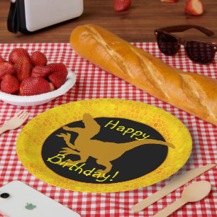 Prato De Papel Feliz aniversário Couro de Dinossauro Dourado!