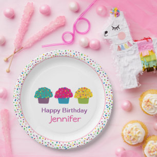 Prato De Papel Feliz Aniversário Cupcake Glacê Sprinkles Arco-Íri