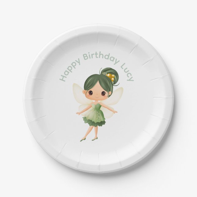 Prato De Papel Feliz aniversário da Fada Verde (Frente)