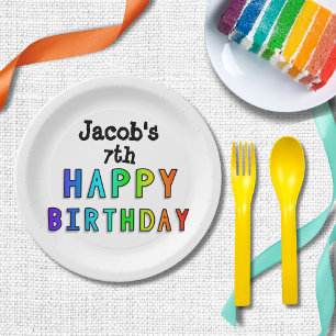 Prato De Papel Feliz Aniversário das Cores do Arco-Íris Personali