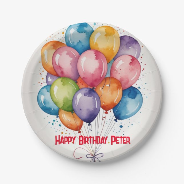 Prato De Papel Feliz aniversário de balões de papel (Frente)