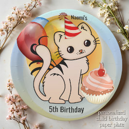 Prato De Papel Feliz Aniversário de Criança Feliz e Gatinho