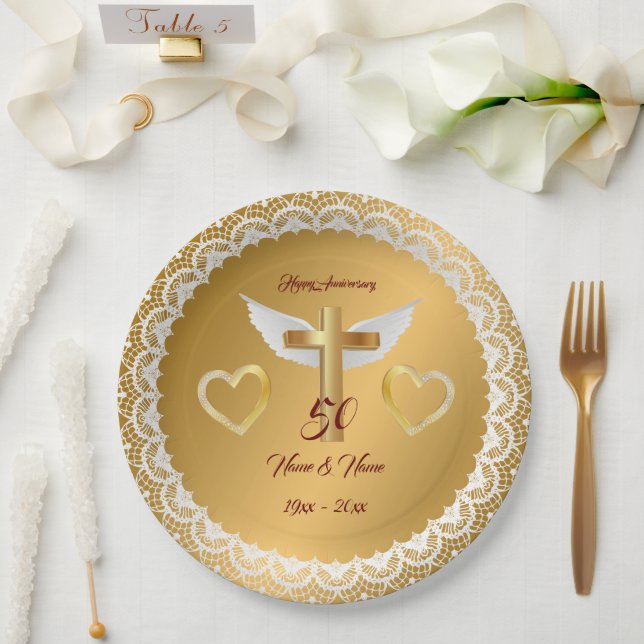 Prato De Papel Feliz Aniversário de Renda Dourada Personalizada (Casamento)