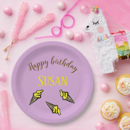 Prato De Papel Feliz aniversário de sorvete amarelo roxo