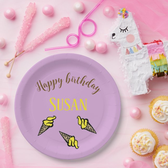 Prato De Papel Feliz aniversário de sorvete amarelo roxo (Festa)