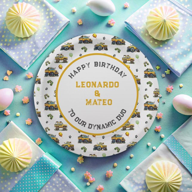 Prato De Papel Feliz Aniversário Dinâmico Duo Monstro Garotos Gêm (Criador carregado)