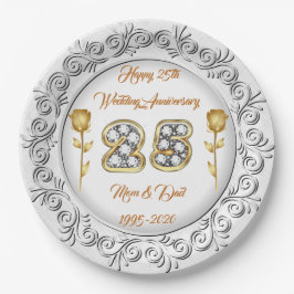 Prato De Papel Feliz Aniversário do 25 Silver