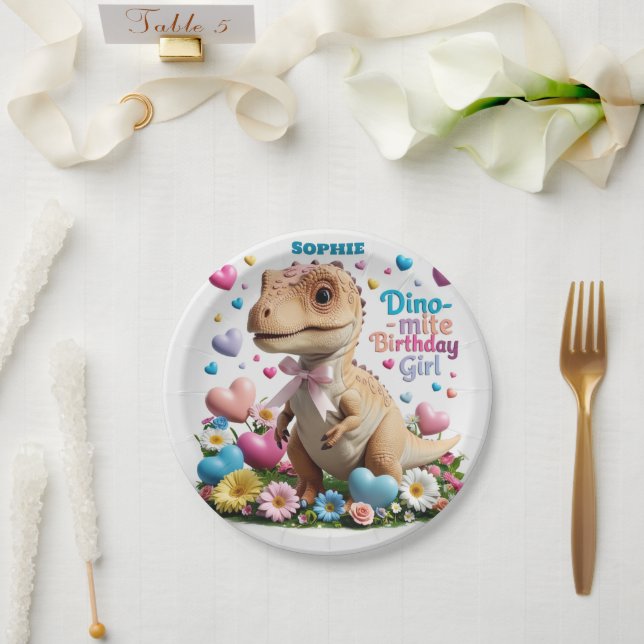Prato De Papel Feliz Aniversário do Dinossaur Adventure Girl (Casamento)
