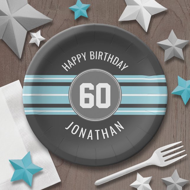 Prato De Papel Feliz Aniversário do Esporte Jersey Stripes Nome e (Personalized party plates - sports theme for birthday or any occasion)