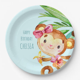 Prato De Papel Feliz Aniversário do Macaco Azul-Cinto Personaliza
