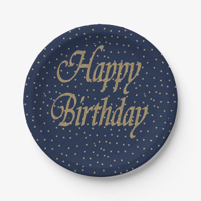 Prato De Papel Feliz aniversário do marinho Dourado (Frente)