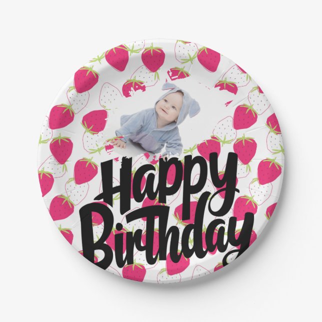 Prato De Papel Feliz Aniversário do Padrão de Morango Personaliza (Frente)
