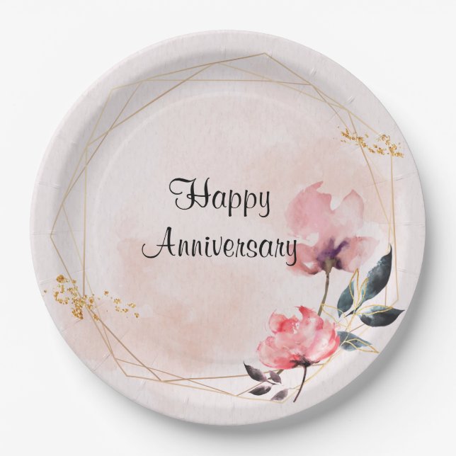 Prato De Papel Feliz aniversário do Pastel Rosa (Frente)