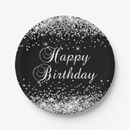 Prato De Papel Feliz Aniversário do Silver Glitter Black