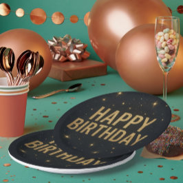 Prato De Papel Feliz Aniversário Elegante Preto e Dourado Brilhan