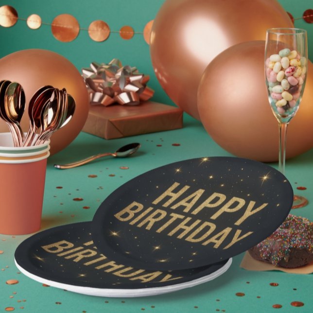 Prato De Papel Feliz Aniversário Elegante Preto e Dourado Brilhan (Criador carregado)