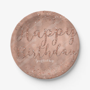 Prato De Papel Feliz Aniversário Faux Rosa Dourada Glitter Glam P