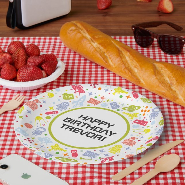 Prato De Papel Feliz Aniversário, Foguete Naves Verde (Piquenique)