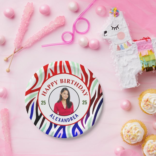 Prato De Papel Feliz Aniversário Foto Colorida Stripes Personaliz (Festa)