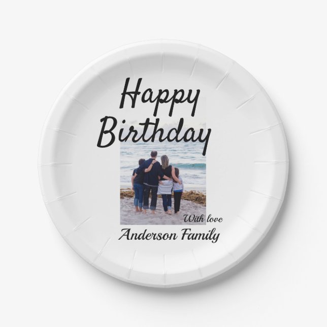 Prato De Papel Feliz aniversário foto familia nome elegante class (Frente)