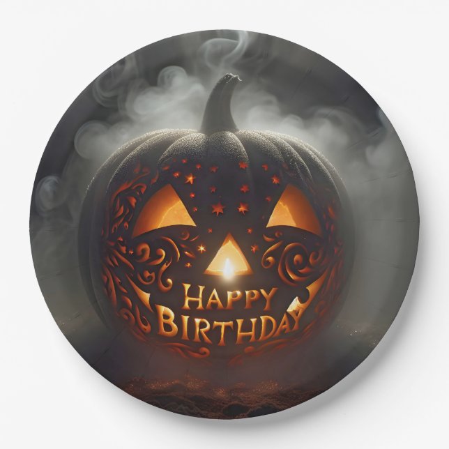 Prato De Papel Feliz Aniversário Jack-o-lantern na Fumaça (Frente)