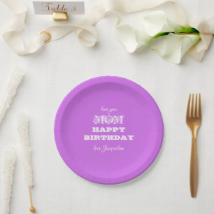 Prato De Papel Feliz Aniversário Mãe Chic Script Elegante Violet