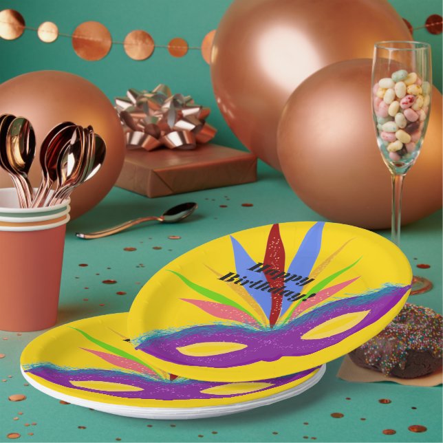 Prato De Papel Feliz Aniversário Máscara de Mascarada Roxo (Múltiplo)