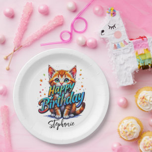 Prato De Papel Feliz Aniversário, Menina, Citação E Gato