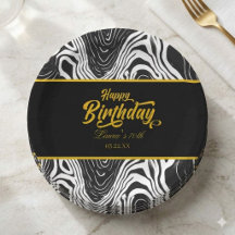 Feliz Aniversário Moderno em Preto e Dourado em Ág