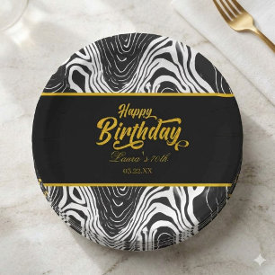Prato De Papel Feliz Aniversário Moderno em Preto e Dourado em Ág