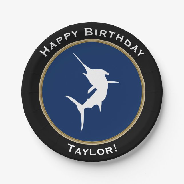 Prato De Papel Feliz aniversario náutico de espadim branco com (Frente)