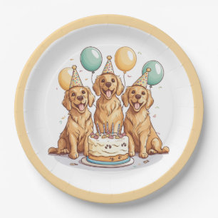 Prato De Papel Feliz Aniversário Ouro Cachorros de Retriever
