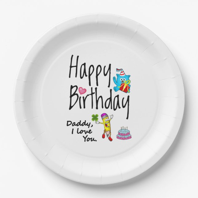 Prato De Papel Feliz aniversário. Papai eu te amo. (Frente)
