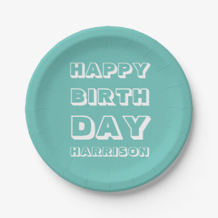 Prato De Papel Feliz Aniversário Personalizado Nome Teal White M
