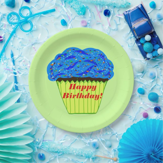 Prato De Papel Feliz aniversário - Placas de papel azul-Cupcake (Festa)
