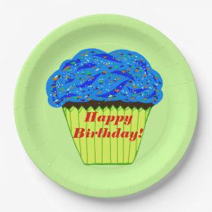 Prato De Papel Feliz aniversário - Placas de papel azul-Cupcake