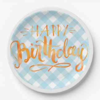 Prato De Papel Feliz Aniversário Plate Blue Gingham