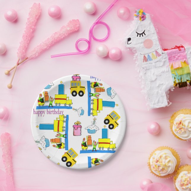 Prato De Papel Feliz Aniversário Põe Caminhões Bus (Festa)