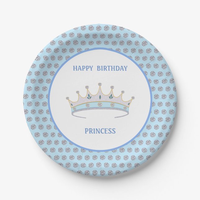 Prato De Papel Feliz Aniversário Princesa & Tiara & Confetes de D (Frente)