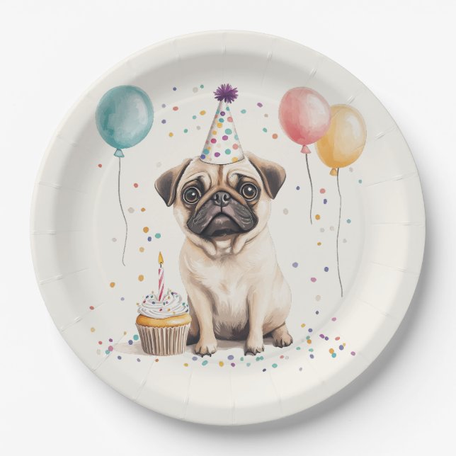 Prato De Papel Feliz Aniversário Pug Cachorro (Frente)