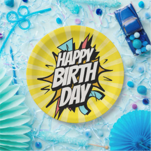 Prato De Papel Feliz Aniversário Retrô de Quadrinhos!